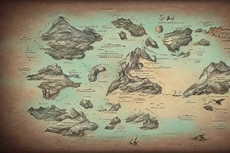 Image similar to imaginary map of an island, drawing of different elements in the lands, different realms, blueprint, infographic, on paper, natural colors, vintage, with notes, highly detailed, trending on artstation, fantasy art