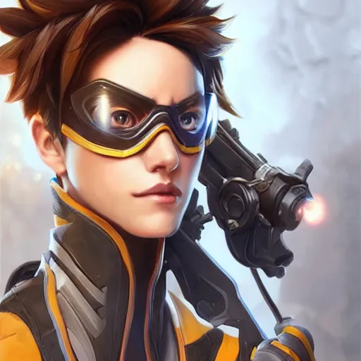 Image similar to tracer overwatch portrait, close up, concept art, intricate details, highly detailed photorealistic in the style of michael komarck, joel torres, seseon yoon, artgerm and warren louw