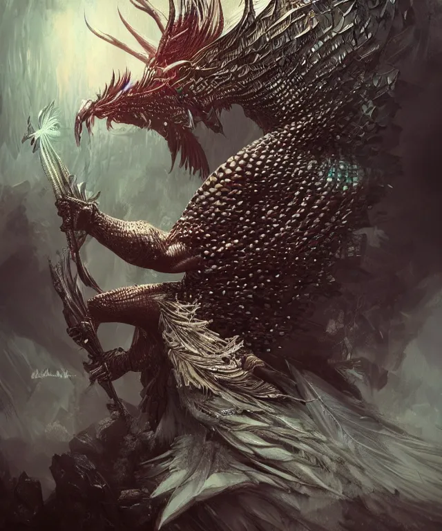 Image similar to a mythical creature covered in scales and feathers spitting acid, fantasy, elegant, digital painting, artstation, concept art, matte, sharp focus, illustration, art by aleksi briclot