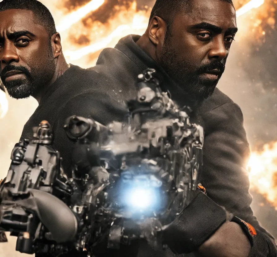 Image similar to face centered portrait of eldris elba, sci - fi, volumetric lighting, artillery explosions, heavy fire, bullets, sharp focus, ultra detailed, mack sztaba