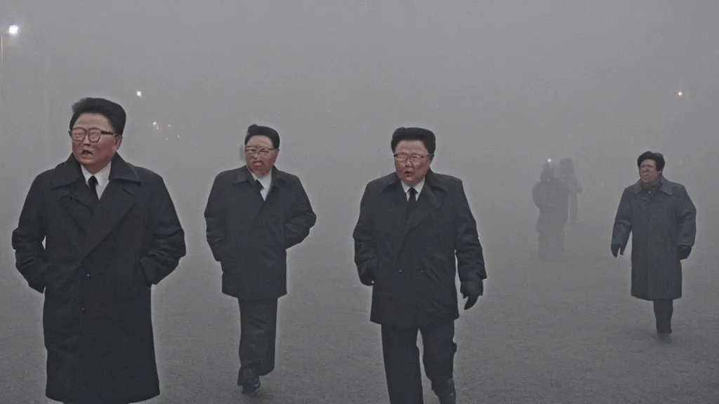 Image similar to foggy city lights, kim jong - il walking in 1 9 6 0 s pyongyang, film noir thriller in the style of orson welles and andrei tarkovski