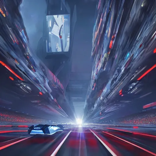 Image similar to sci-fi cars race : near wall structure on : the coronation of napoleon painting : and digital billboard in the middle, in style of zaha hadid, suprematism composition, unreal engine 5, keyshot, octane, artstation trending, in lighting of blade runner 2049, ultra high detail, ultra photo realistic, 8k, 16k, in plastic, dark, tilt shift,