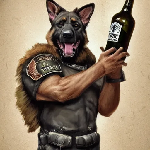 Image similar to a humanoid german shepherd beast - man in military style, holding a bottle of beer, artstation, concept art, smooth, sharp foccus ilustration, artstation