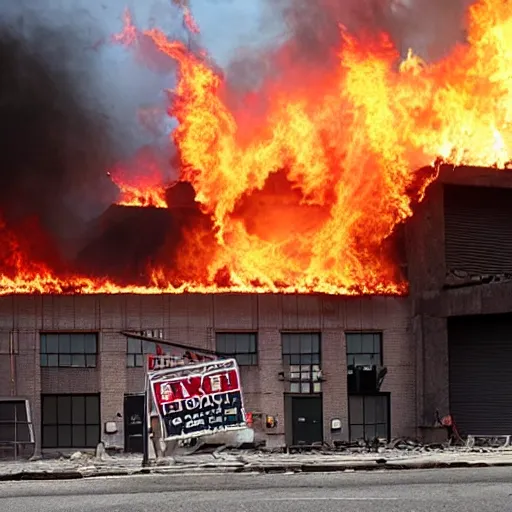 Prompt: burning warehouse with giant sign that says “ ozon ”, realistic photo