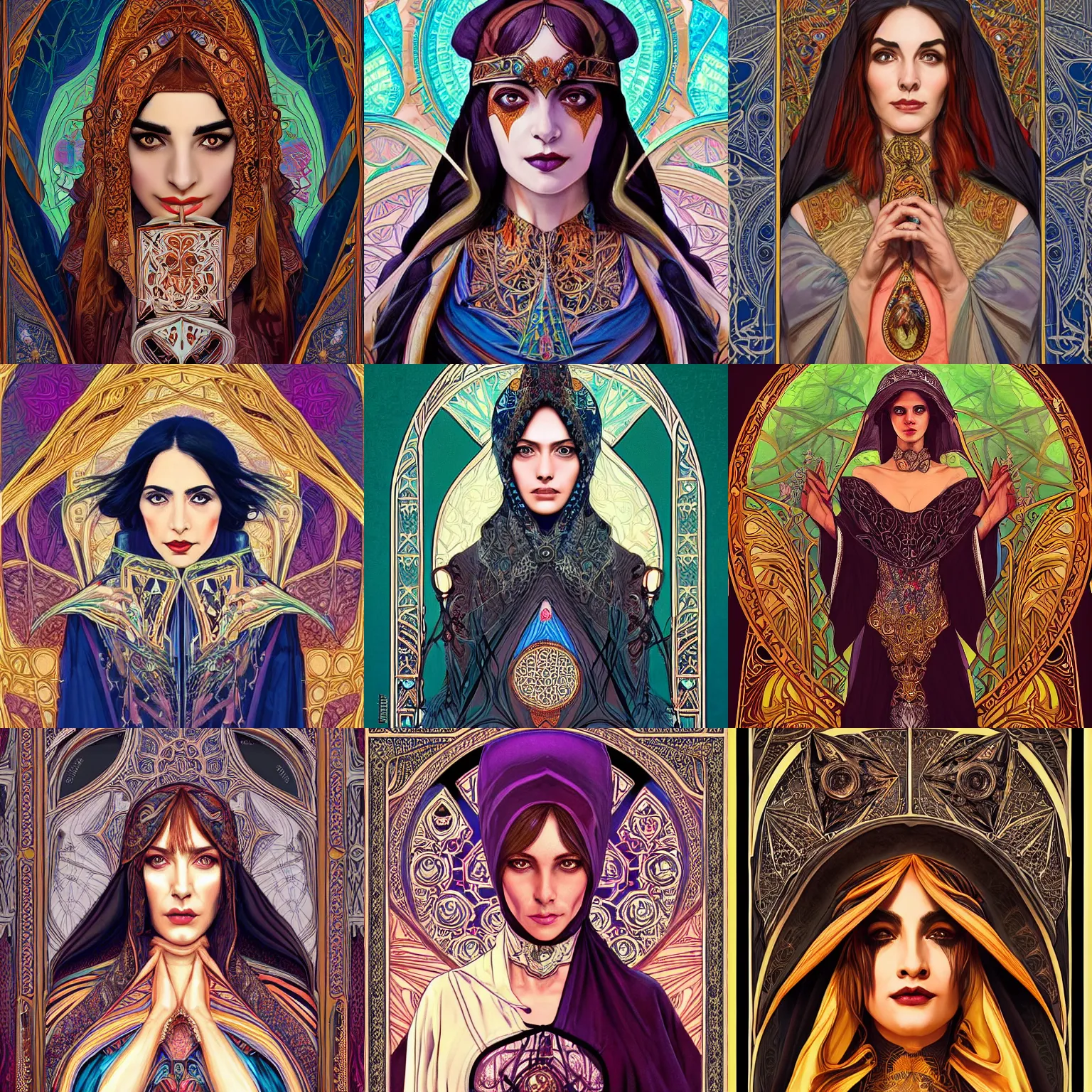 Prompt: head-on symmetrical centered painted portrait, Ghada Abdel Razek as a D&D wizard, ornate robes, art nouveau, tarot card style, fantasy, intricate, elegant, highly detailed, smooth, sharp focus, illustration, artstation, in the style of Artgerm and Anna Podedworna and Alex Ross and Mucha