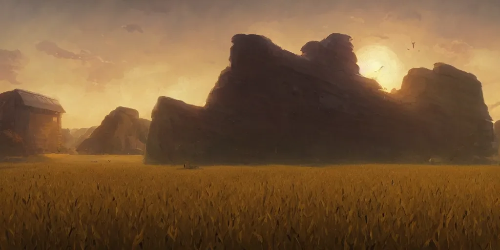 Image similar to wide shot of a floating monolith above a cornfield, late afternoon, golden hour, concept art by greg rutkowski and jakub rebelka