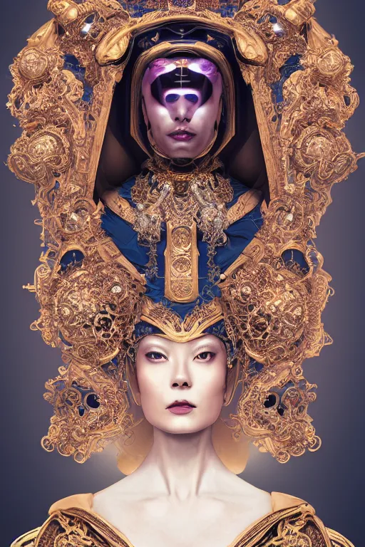 Image similar to a beautiful empress portrait, with a brilliant, impossible striking big technology headpiece, female robot, symmetrical, dramatic studio lighting, rococo, baroque, jewels, asian, hyperrealism, closeup, D&D, fantasy, intricate, elegant, highly detailed, digital painting, artstation, octane render, 8k, concept art, matte, sharp focus, illustration, art by Artgerm and Greg Rutkowski and Alphonse Mucha