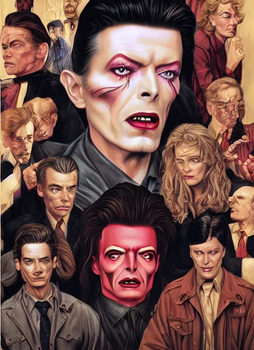 Image similar to twin peaks poster art, portrait of the demons of the black lodge have got david bowie swapped around their finger, by michael whelan, rossetti bouguereau, artgerm, retro, nostalgic, old fashioned