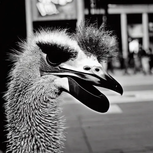 Prompt: black and white flash close - up photograph by weegee of an emu in times square.