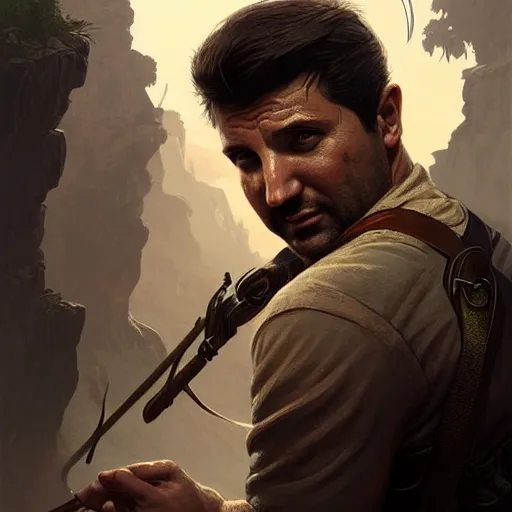 Prompt: Volodymyr Zelensky as Nathan Drake, D&D, fantasy, intricate, elegant, highly detailed, digital painting, artstation, concept art, matte, sharp focus, illustration, art by Artgerm and Greg Rutkowski and Alphonse Mucha