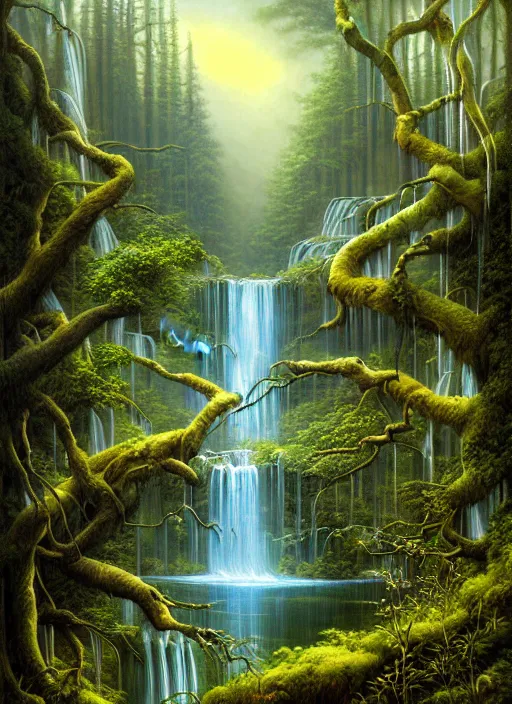 Image similar to a painting of a waterfall in a forest, a detailed matte painting by todd lockwood, deviantart, fantasy art, matte painting, matte drawing, airbrush art