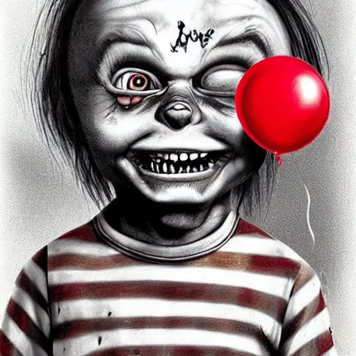 Prompt: surrealism grunge cartoon portrait sketch of chucky with a wide smile and a red balloon by - michael karcz, loony toons style, the conjuring style, horror theme, detailed, elegant, intricate