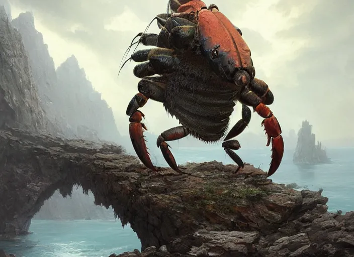 Prompt: a giant dull colored crustacean lobster crab monster with huge claws in a rocky chasm. a man stands in the distance dreamy fantasy art by greg rutkowski