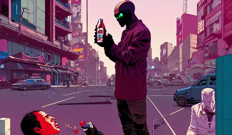 Image similar to cyborg drinking Coke at a dirty crowded streetcorner, cyberpunk, by Josan Gonzalez and Tomer Hanuka and Moebius, bokh, dof