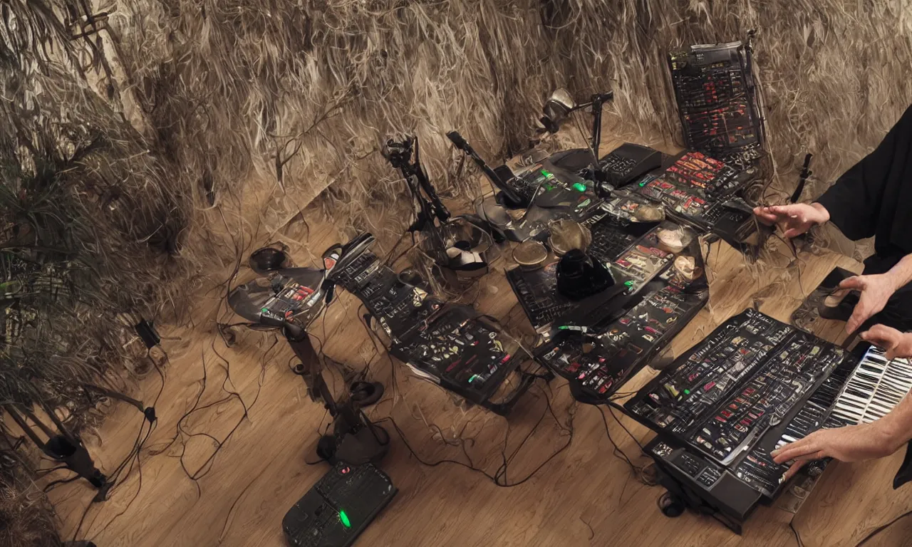 Image similar to a techno shaman plays his digital drum machine, photorealistic