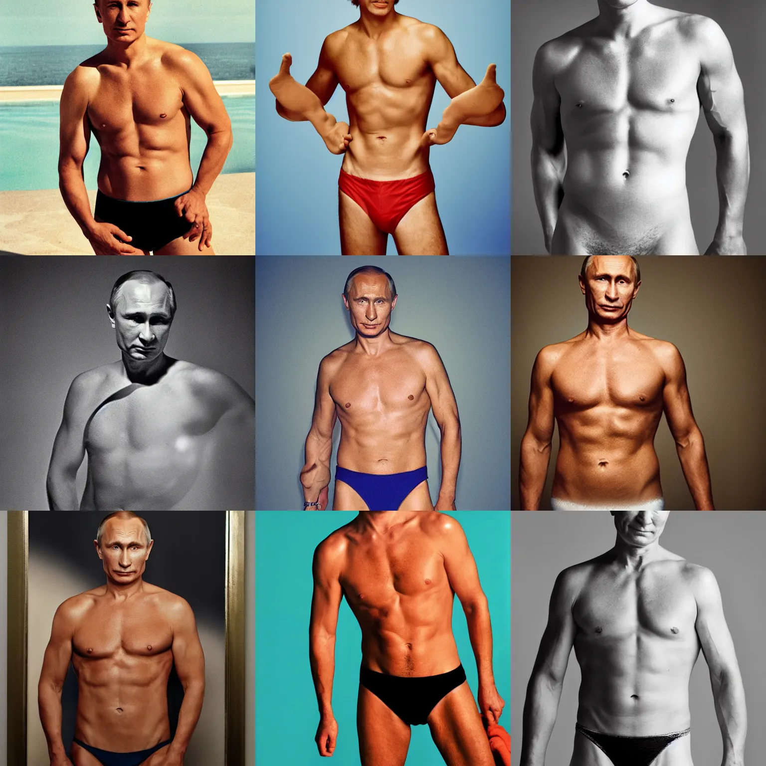 Prompt: Photo of Vladimir Putin in swimsuit, soft studio lighting, photo taken by Terry Richardson for Abercrombie and Fitch, award-winning photograph, 24mm f/1.4