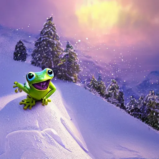 Image similar to 3 d octane render chibi frog character skiing down a mountain, pixar style