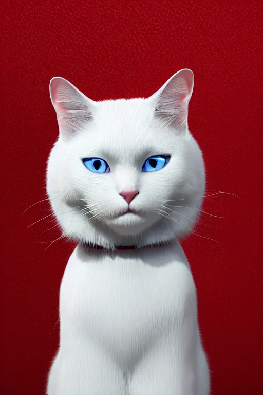 Image similar to a white cat with blue eyes wearing a red formal overcoat, hyperrealistic, concept art, octane render, unreal engine 5, realistic and defined face, profile picture, digital art, pixar and disney style, symmetrical, high quality, highly detailed, high coherence, path traced, house background, low contrast, beautiful, elegant clothes