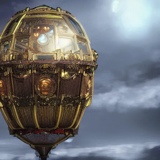 Prompt: enormous flying city in a faberge egg, cloudy sky background, steampunk, fantasy art, masterpiece, unreal engine