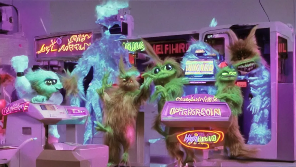 Prompt: Hyperreal Gremlins disguised as neon 90s casino arcade machines dispense experimental ultraviolet ice cream vaccine derived from holographic infrared predator, xenomorph and furby goosebumps goo in downtown silicon valley, film still from banned media Gremlins 3 New World Order, directed by REDACTED circa 1992 | text reads \'Gremlins 3 New World Order\' | Gremlins