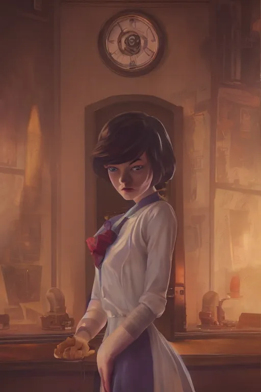 Image similar to a portrait of emma stone, bioshock infinite setting, vivid colors, soft lighting, atmospheric, cinematic, moody, in the style of ilya kuvshinov and range murata, krenz cushart, rule of thirds, oil on canvas, 8 k