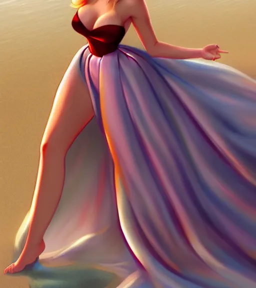 Image similar to beautiful princess in a satin dress on the beach drawn by artgerm