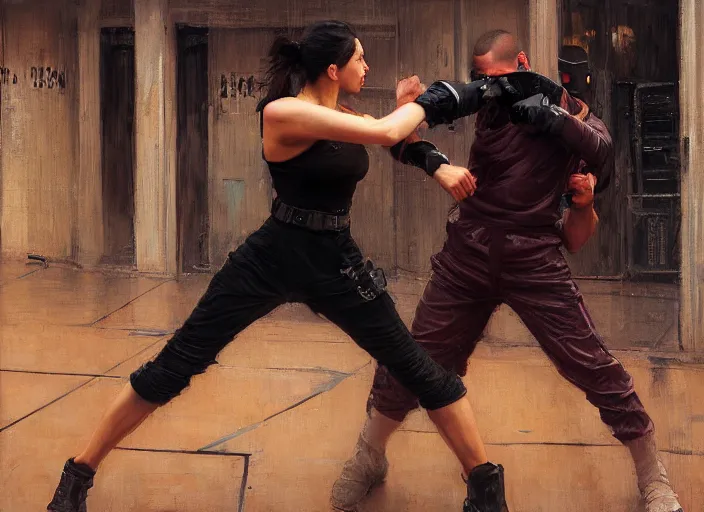 Prompt: Maria fights sgt Nash. Cyberpunk hacker in orange jumpsuit fighting menacing police troopers (blade runner 2049). beautiful face. kickboxing. Orientalist portrait by john william waterhouse and James Gurney and Theodore Ralli and Nasreddine Dinet, oil on canvas. Cinematic, hyper realism, realistic proportions, dramatic lighting, high detail 4k