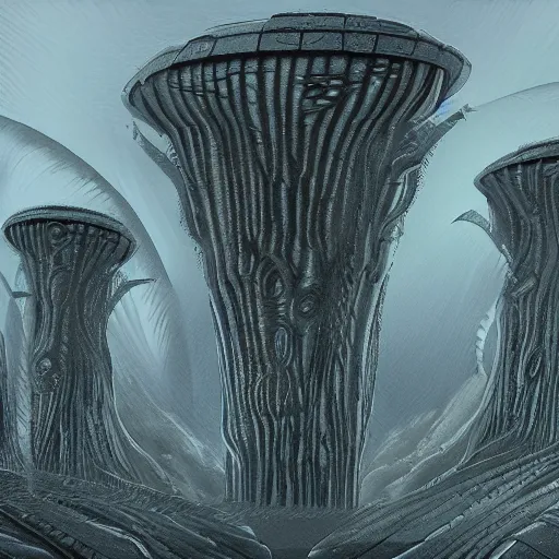 Prompt: concept art of an alien landscape in the style of HR Giger