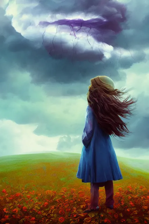Image similar to closeup giant dahlia flower over the head, girl standing on mountain, surreal photography, blue storm clouds, dramatic light, impressionist painting, digital painting, artstation, simon stalenhag