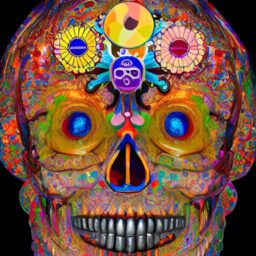 Image similar to colourful upper half portrait of an santeria crystal skull art by takashi murakami, highly detailed, digital painting, ray tracing, concept art, illustration, smooth sharp focus, intricate, symmetry, artstation,