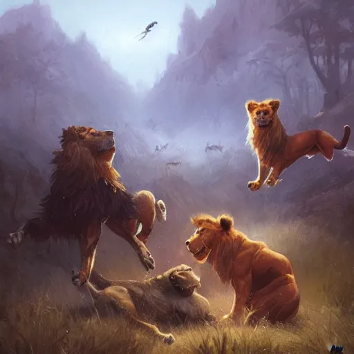 Prompt: 100 dogs fight against 10 lions, oil painting, style of by Jordan Grimmer and greg rutkowski,