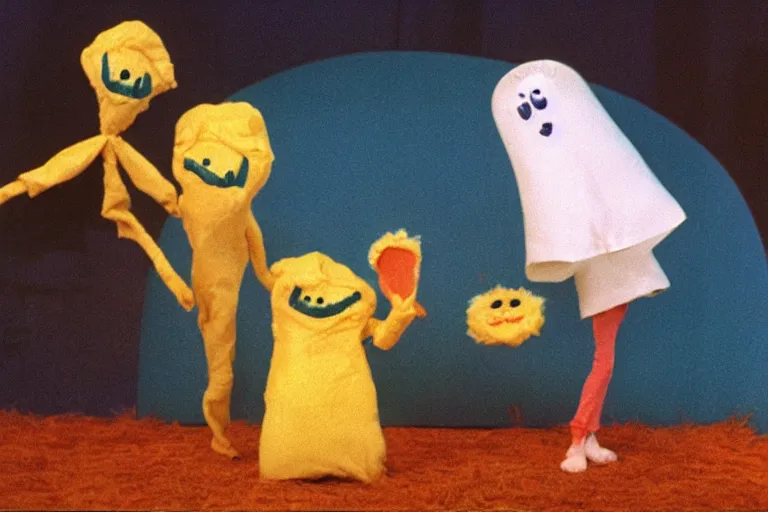 Image similar to a color still from a weird 1972 kids tv show where a sad cheese puppet and a furry ghost have a tickle party with death tent