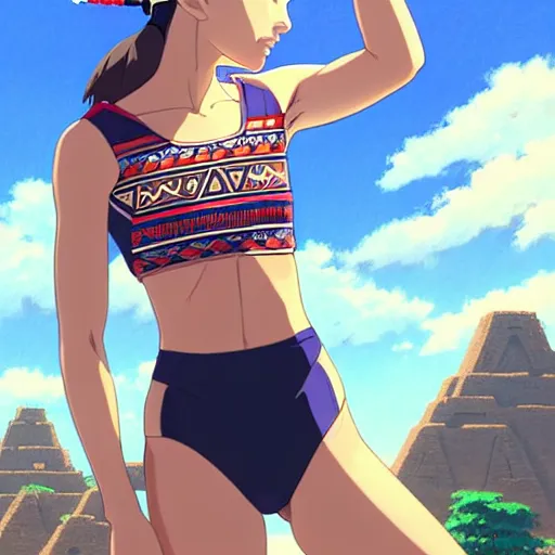 Image similar to beautiful boyish natalie portman alluring gravure model, wearing aztec wooden mask helmet cap and leotard, elegant bulky aztec football gear subtle mayan patterns, elegant aztec bathing suit, gapmoe yandere grimdark, trending on pixiv fanbox, painted by greg rutkowski makoto shinkai takashi takeuchi studio ghibli, akihiko yoshida