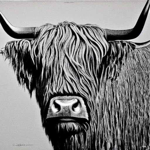 Prompt: highland cow by ed fairburn, joseph clement coll, franklin booth