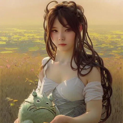 Image similar to portrait of a totoro woman, detailed, centered, digital painting, artstation, concept art, donato giancola, alphonse mucha, Joseph Christian Leyendecker, WLOP, Boris Vallejo, Breathtaking, 8k resolution, extremely detailed, beautiful, establishing shot, artistic, hyperrealistic, beautiful face, octane render