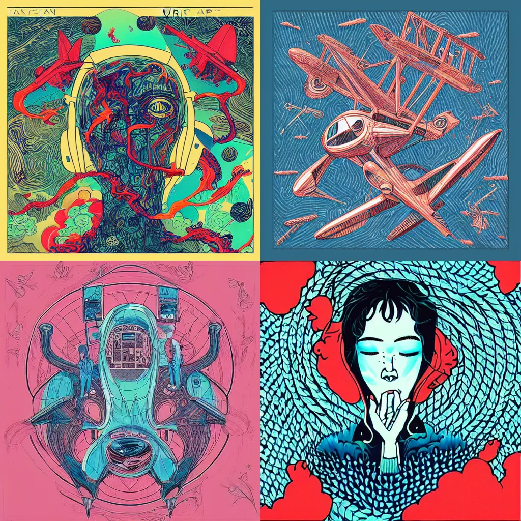 Prompt: “airplane album art, in the style of James Jean”