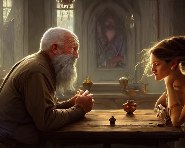 Image similar to an old man resting his chin on a table looking at the elixir of life with a photograph of his wife next to him, deep focus, d & d, fantasy, intricate, elegant, highly detailed, digital painting, artstation, concept art, matte, sharp focus, illustration, hearthstone, art by artgerm and greg rutkowski and alphonse mucha