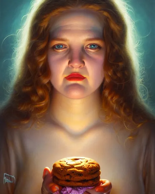 Image similar to detailed portrait of drew barrymore marshmallow!! chocolate!! biscuit! by tomasz alen kopera and peter mohrbacher and johanna martine! and margaret keane! coherent luminescent