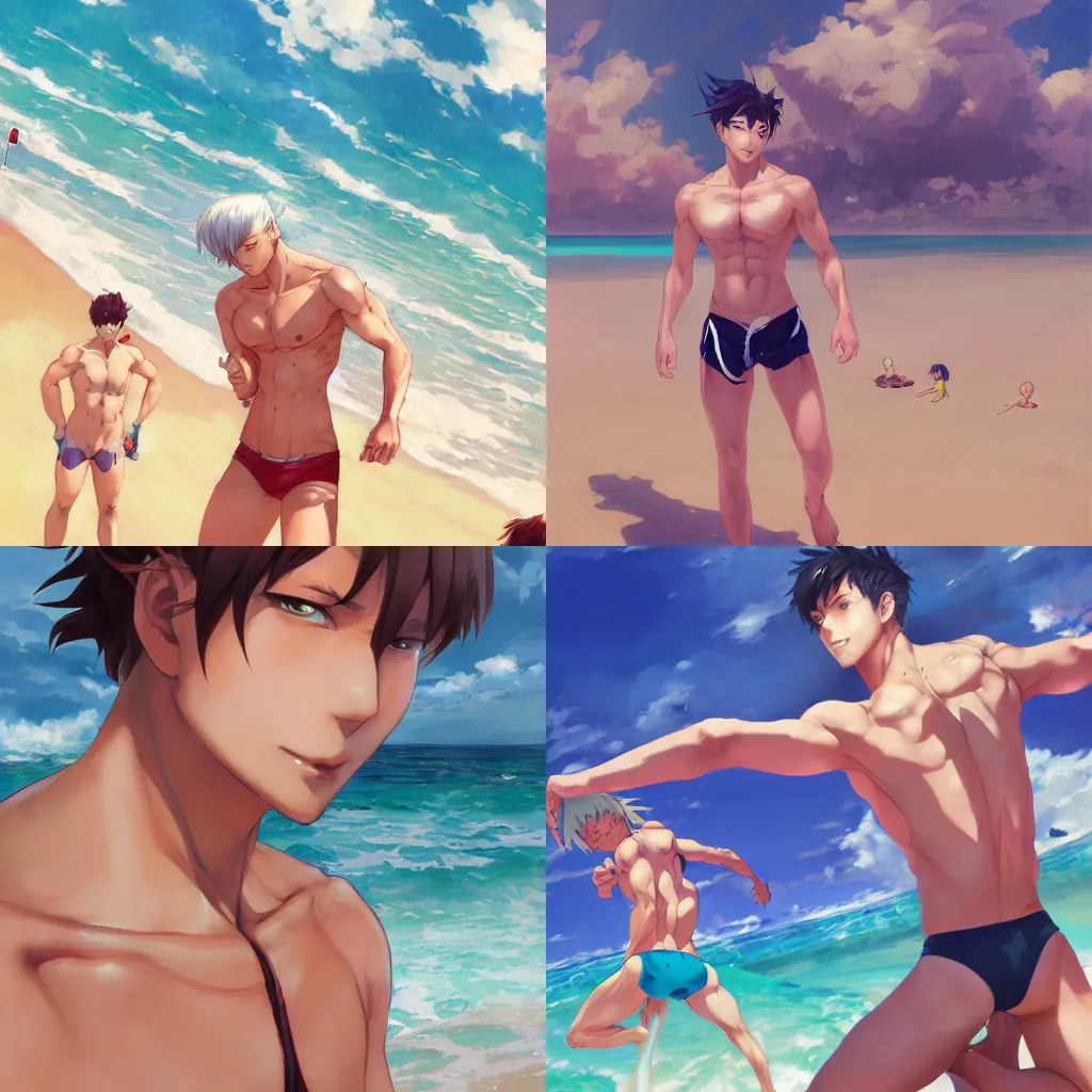 Prompt: anime boy at the beach wearing a speedo by Stanley Artgerm Lau, WLOP, Rossdraws, James Jean, Andrei Riabovitchev, Marc Simonetti, and Sakimichan, trending on artstation and pixiv