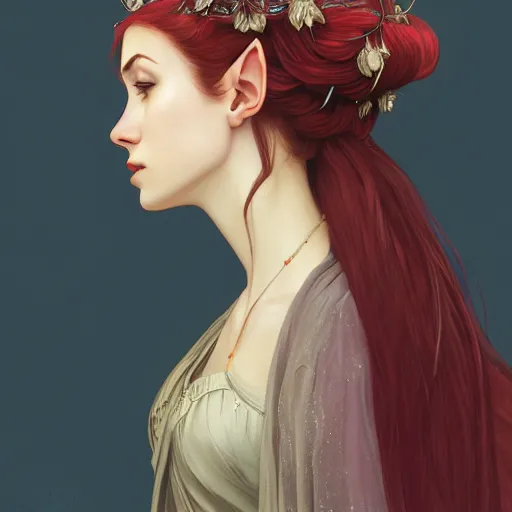 Prompt: side portrait of very beautiful elf, wearing a cloak, dark flower crown, hair over face, headshot, looking up, hyper realistic, pale skin, bright red hair, 4k, rule of thirds, extreme detail, detailed drawing, trending artstation, hd, fantasy, D&D, realistic lighting, by Alphonse Mucha, Greg Rutkowski, sharp focus, backlit, elegant