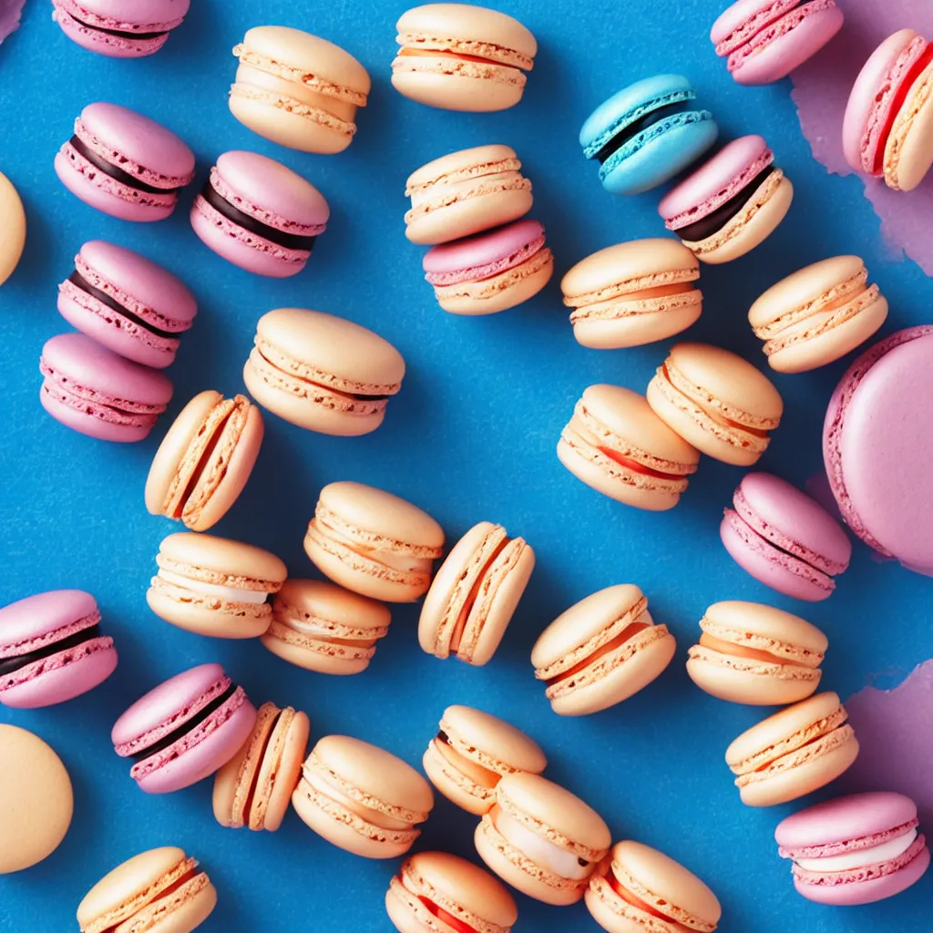 Prompt: top-down view of macarons on top of a blue surface, 8k, high detail, photorealistic, proper shading