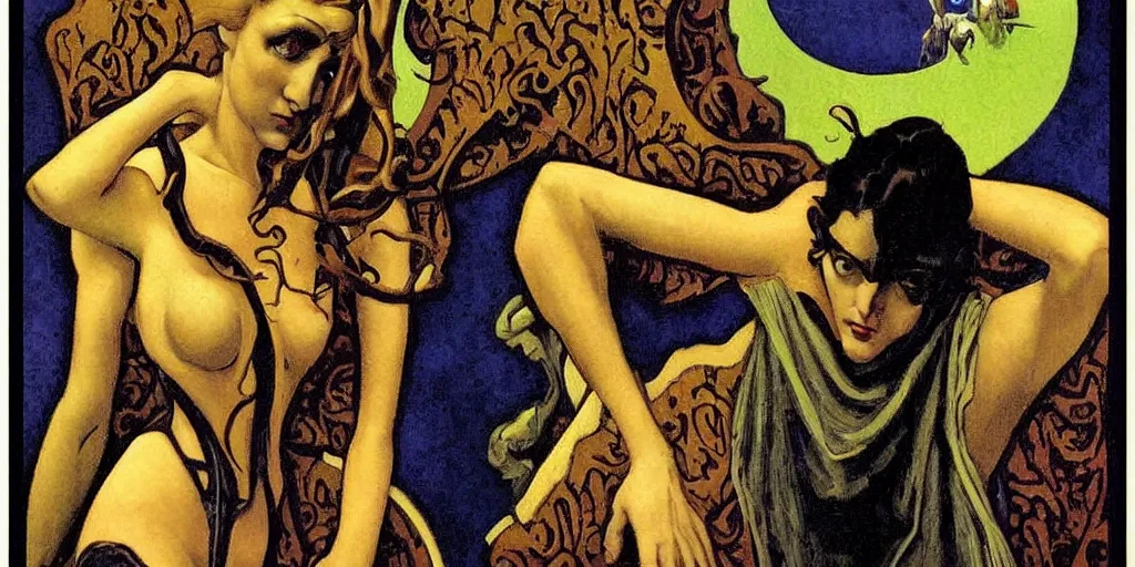 Prompt: An asymmetry still frame of Art Nouveau painting by Richard Corben