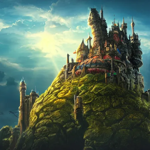 Image similar to large fantasy castle sitting on the top of a giant tortoise, towering over a harsh wasteland with sharp rays of sunlight, howls moving castle, mortal engines, kaiju, distant - mid - shot, fantasy, hyper detailed, 4 k