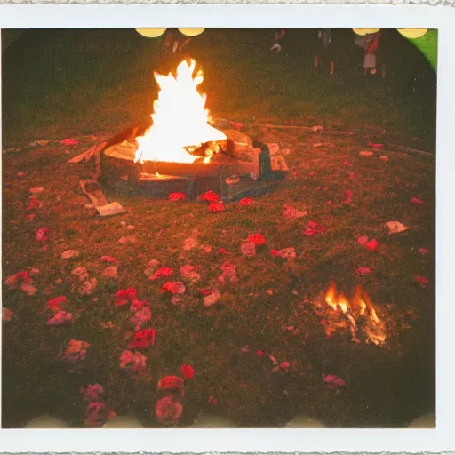 Prompt: midsommar festival, polaroid, fire, flowers