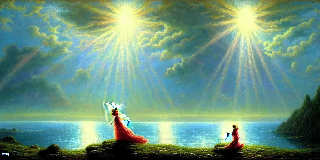 Prompt: an elegant fairy queen in a blue lace dress dancing looking out at a lord of the rings scenery landscape, staring across the sea at a white sail boat, sunrise, god's rays highly detailed, vivid colour, soft clouds, floral sunset, cinematic lighting, perfect composition, gustave dore, derek zabrocki, greg rutkowski, belsinski