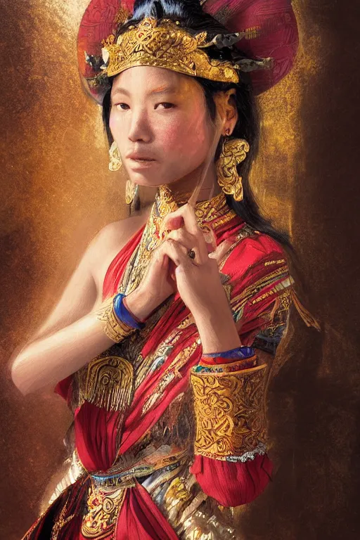 Image similar to Tibetan princess, gorgeous, close-up portrait, intricate, elegant, volumetric lighting, scenery, digital painting, highly detailed, artstation, sharp focus, illustration, concept art, ruan jia, steve mccurry