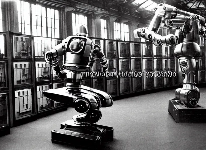 Image similar to realistic photo of the robot made of steel, shiny and fancy, standing in the wooden room full of medieval computers. displays are shiny 1 9 9 0, life magazine reportage photo