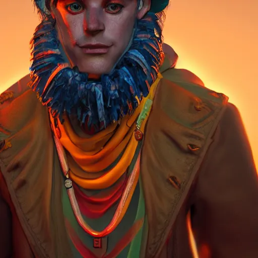 Image similar to an oil art close up portrait of young man, roma mage, with lovecraftian magic in style of disco elysium character, gipsy man jester character design from ravenloft, 4 k, ultra detail, volumetric lighting, unreal engine, octane render