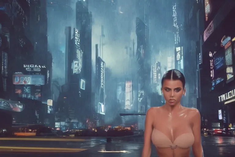 Prompt: 8 k hyper realistic close range night shot of blade runner 2 0 4 7 with adriana chechik!!! as a hologram from a digital signage, transparent skin with imperfections, very small lips, blue suit. long blonde hair flowing in the wind. urban landscape in the background. lenses 5 0 mm