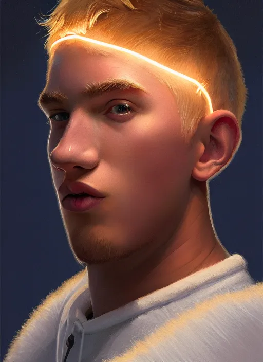 Image similar to portrait of high school senior boy named big moose, blonde short hair, jock, beefy, wide face, square jaw, square facial structure, blue varsity jacket with letter r, intricate, elegant, glowing lights, highly detailed, digital painting, artstation, concept art, sharp focus, illustration, art by wlop, mars ravelo and greg rutkowski